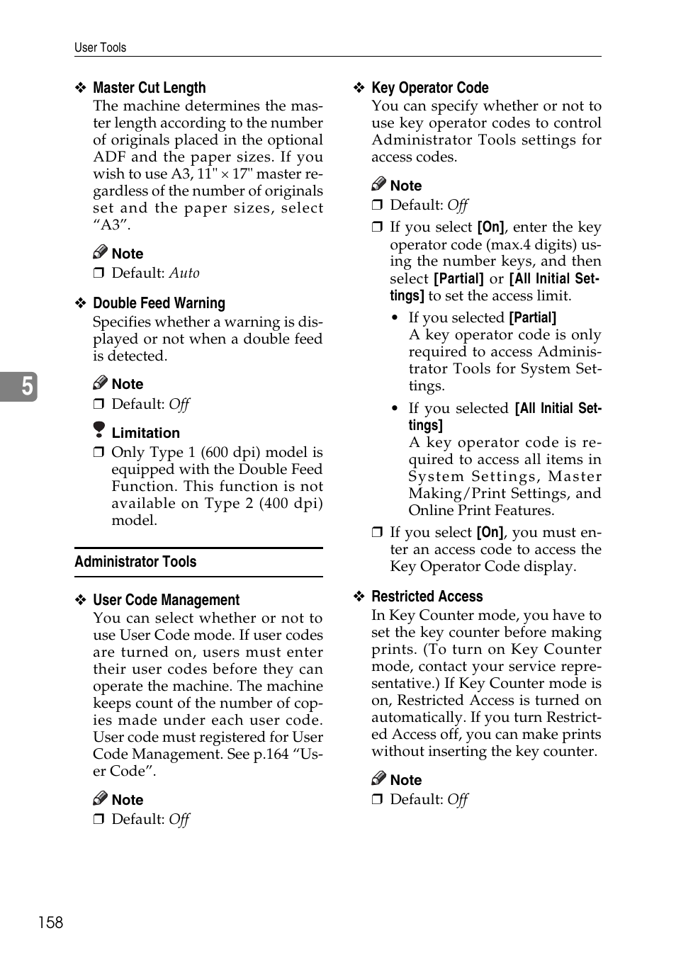 Administrator tools, User tools. see p.158 “double feed warning, Rator tools (see p.158 “administrator tools”.) | Ricoh LDD280 User Manual | Page 170 / 204