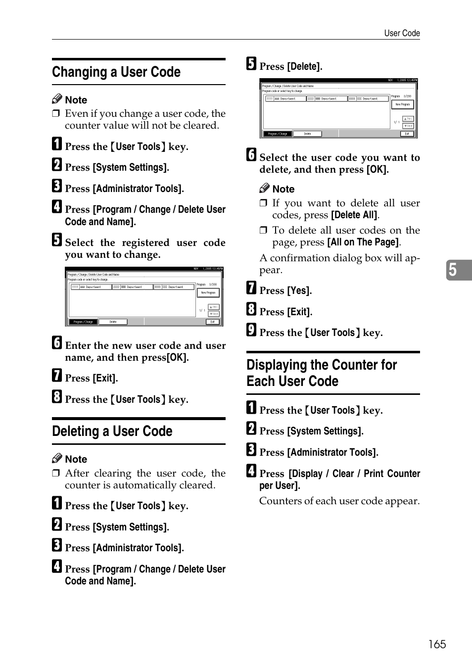 Changing a user code, Deleting a user code, Displaying the counter for each user code | Ricoh LDD280 User Manual | Page 177 / 204