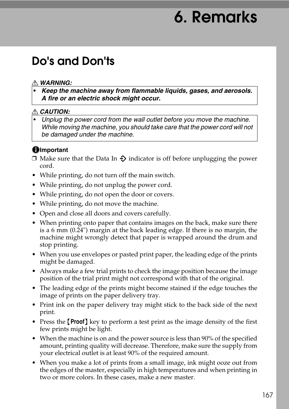  remarks, Do's and don'ts, Remarks | P.167 “do's and don'ts | Ricoh LDD280 User Manual | Page 179 / 204