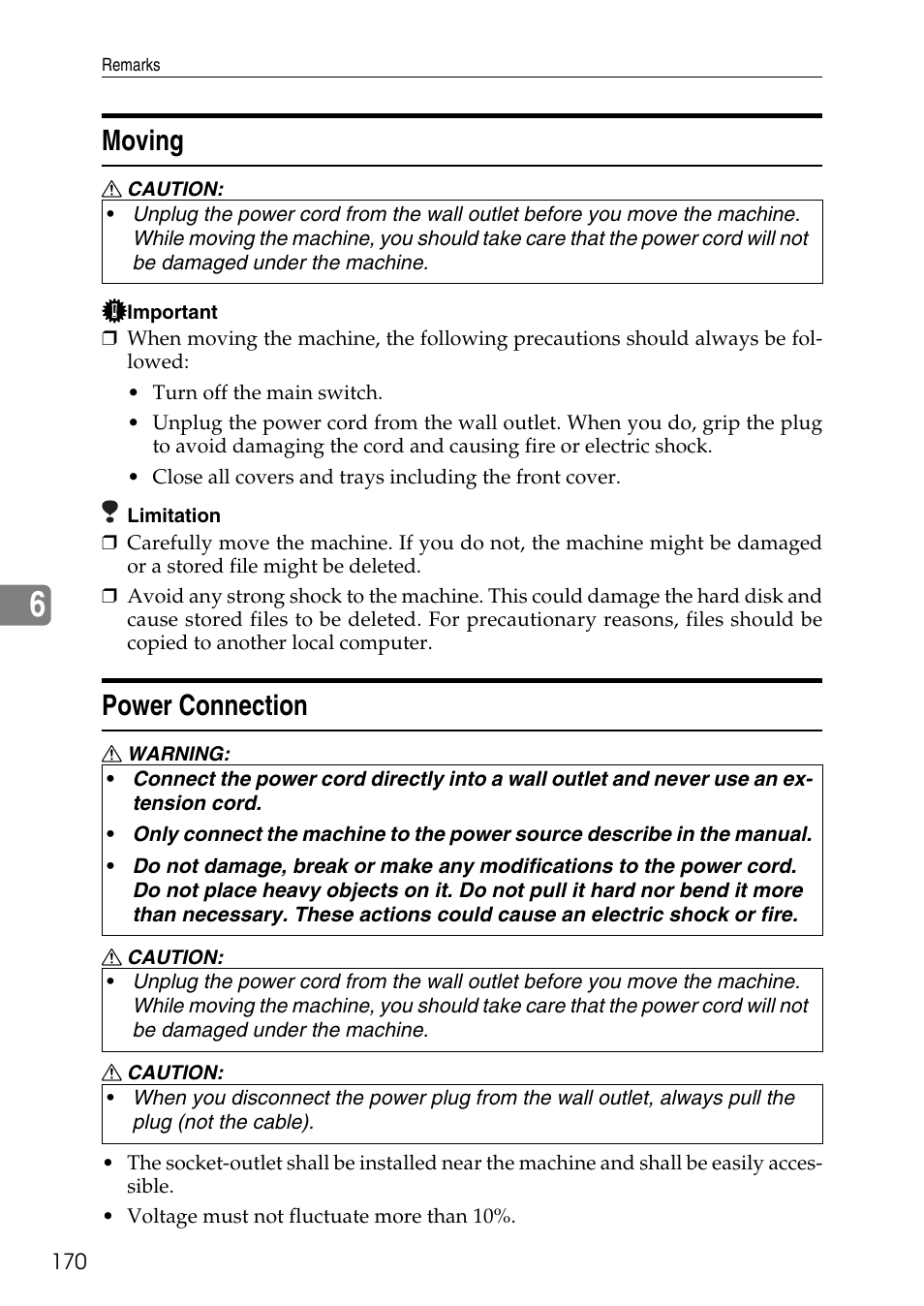 Moving, Power connection, Moving power connection | Ricoh LDD280 User Manual | Page 182 / 204