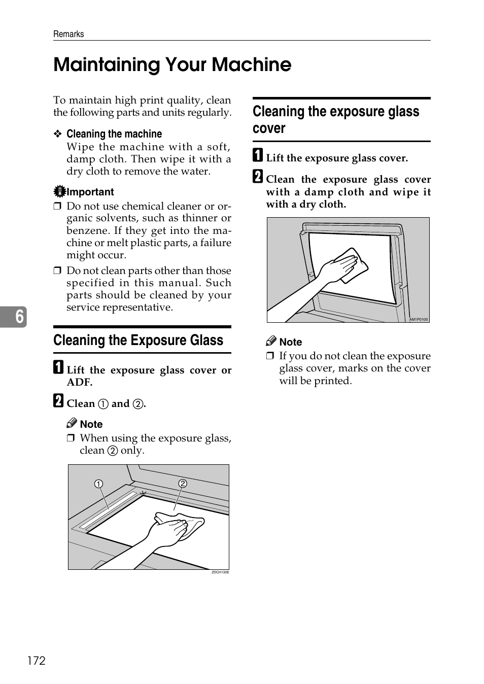 Maintaining your machine, Cleaning the exposure glass, Cleaning the exposure glass cover | P.172 “cleaning the ex- posure glass cover, P.172 “cleaning the exposure glass, 6maintaining your machine | Ricoh LDD280 User Manual | Page 184 / 204
