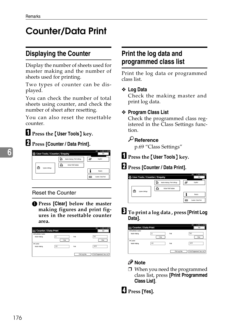 Counter/data print, Displaying the counter, Print the log data and programmed class list | 6counter/data print | Ricoh LDD280 User Manual | Page 188 / 204