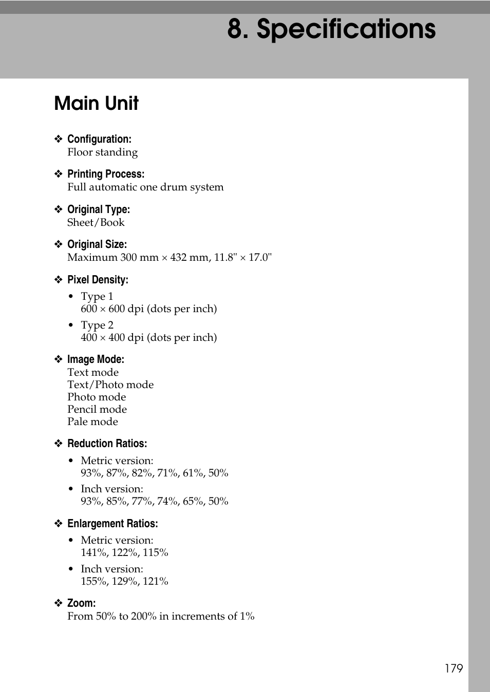  specifications, Main unit, Specifications | Ricoh LDD280 User Manual | Page 191 / 204