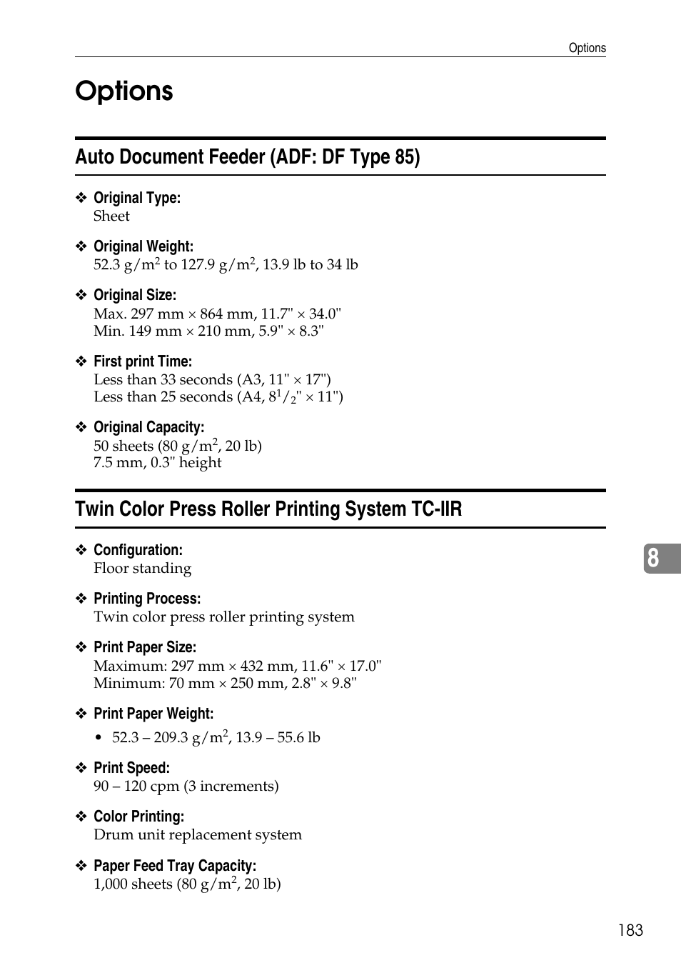 Options, Auto document feeder (adf: df type 85), Twin color press roller printing system tc-iir | 8options | Ricoh LDD280 User Manual | Page 195 / 204