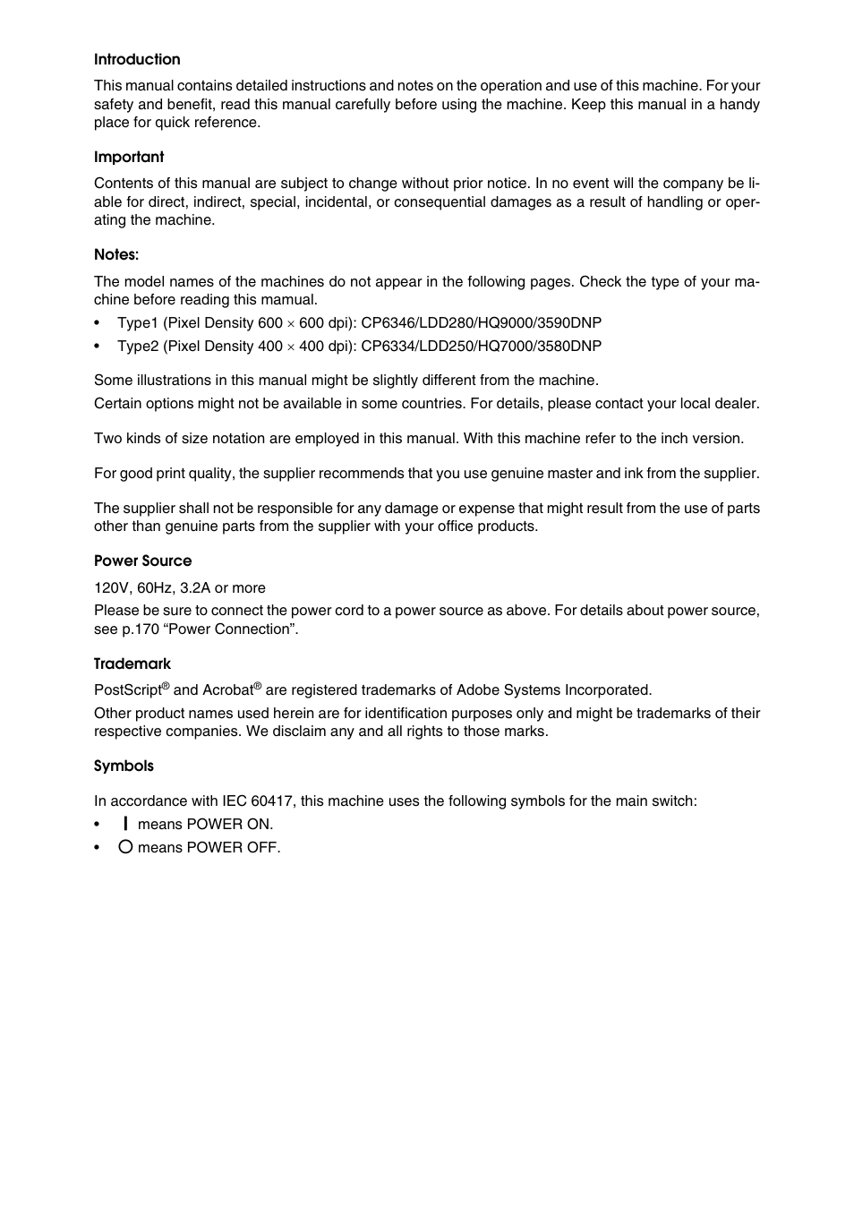 Introduction, Important, Notes | Power source, Trademark, Symbols | Ricoh LDD280 User Manual | Page 2 / 204