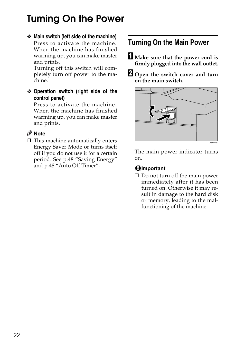 Turning on the power, Turning on the main power | Ricoh LDD280 User Manual | Page 34 / 204