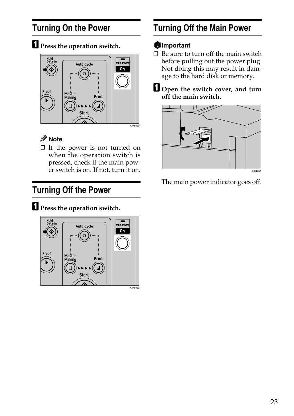 Turning on the power, Turning off the power, Turning off the main power | Ricoh LDD280 User Manual | Page 35 / 204