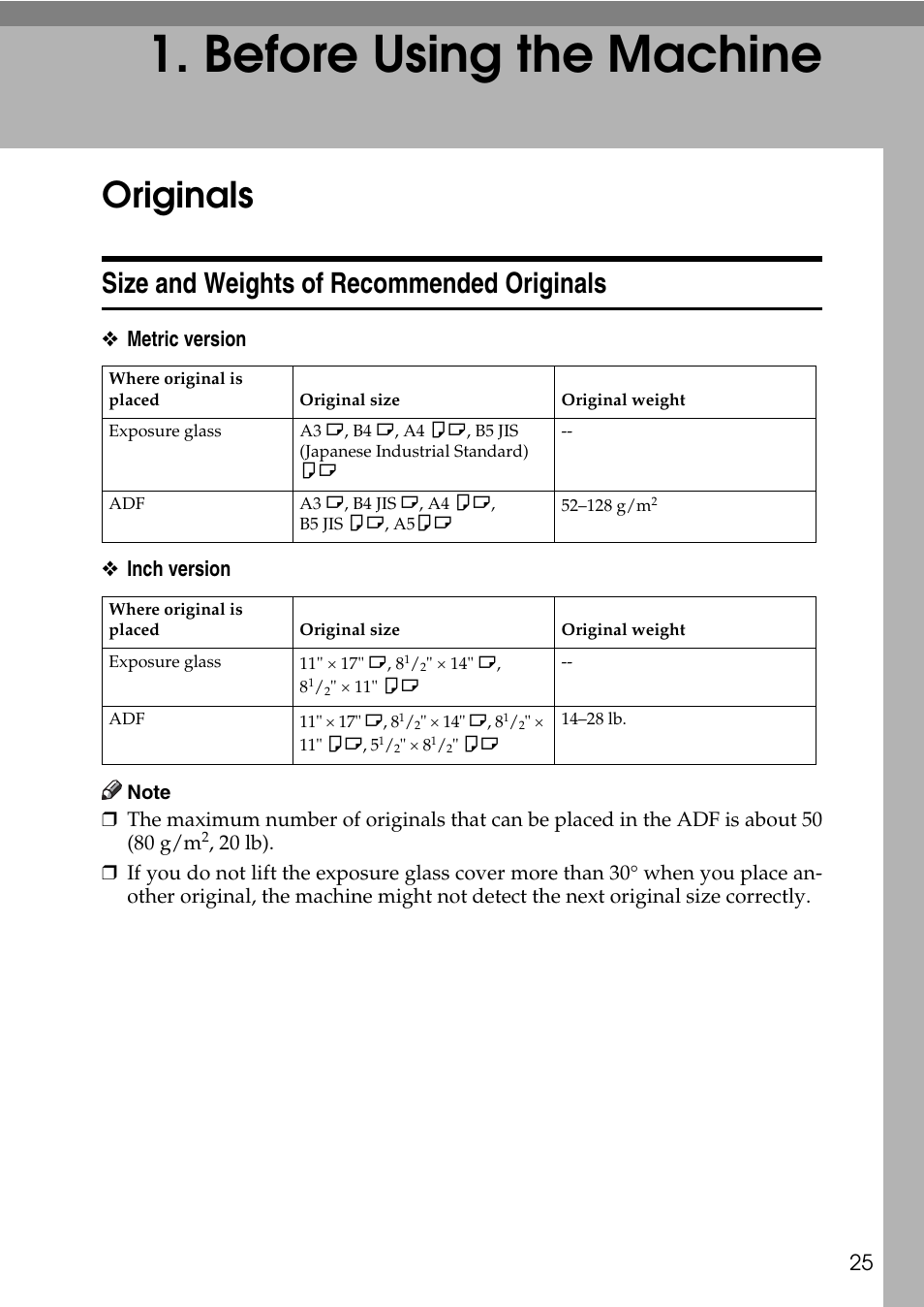  before using the machine, Originals, Size and weights of recommended originals | Before using the machine, Metric version ❖ inch version | Ricoh LDD280 User Manual | Page 37 / 204