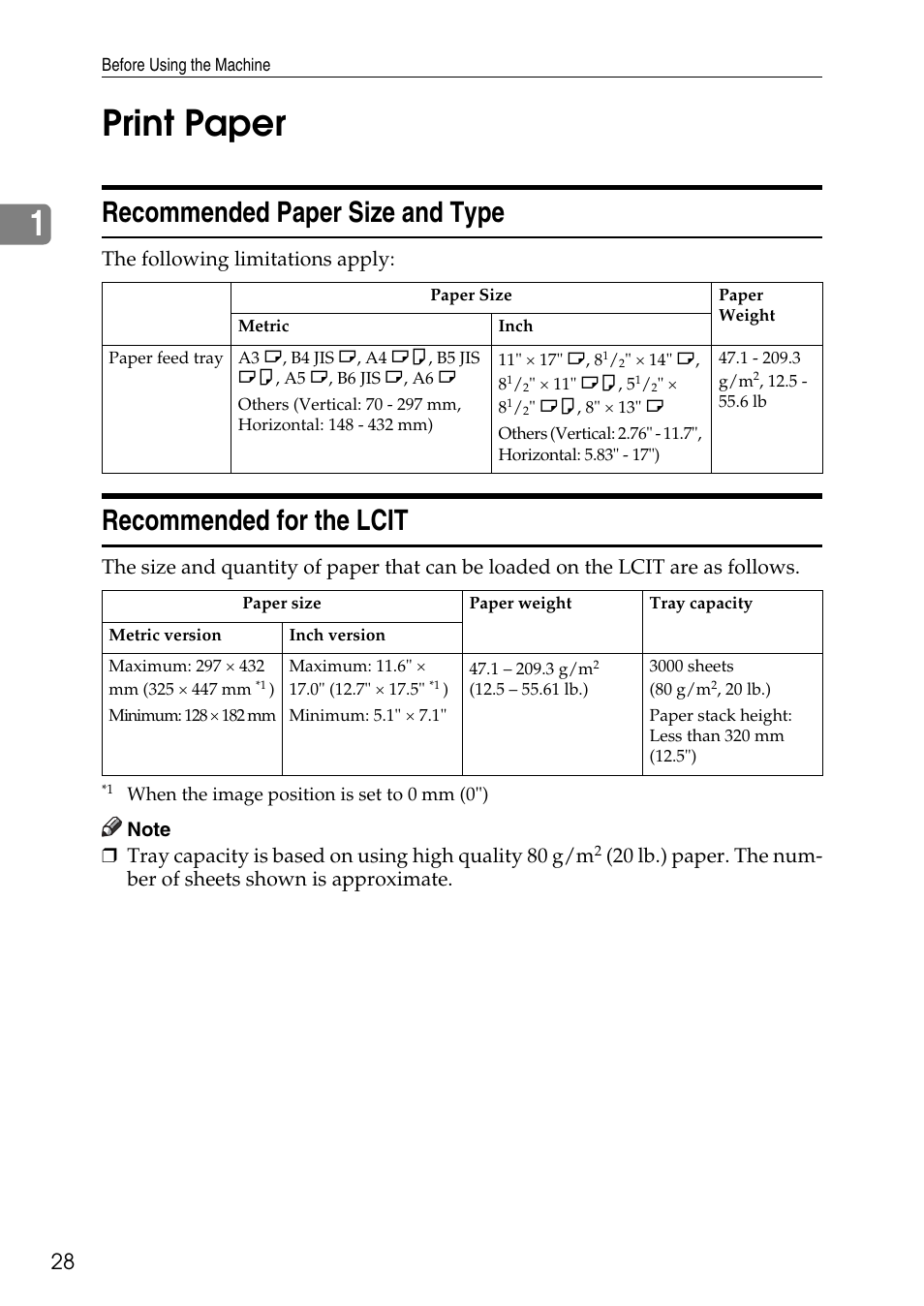 Print paper, Recommended paper size and type, Recommended for the lcit | 1print paper, The following limitations apply | Ricoh LDD280 User Manual | Page 40 / 204
