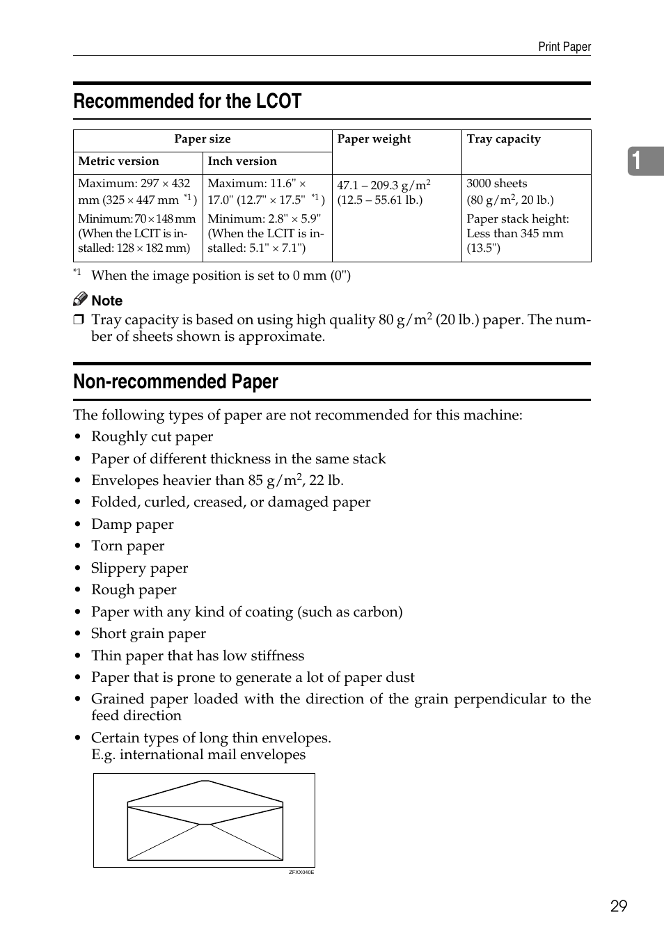 Recommended for the lcot, Non-recommended paper, Recommended for the lcot non-recommended paper | Ricoh LDD280 User Manual | Page 41 / 204
