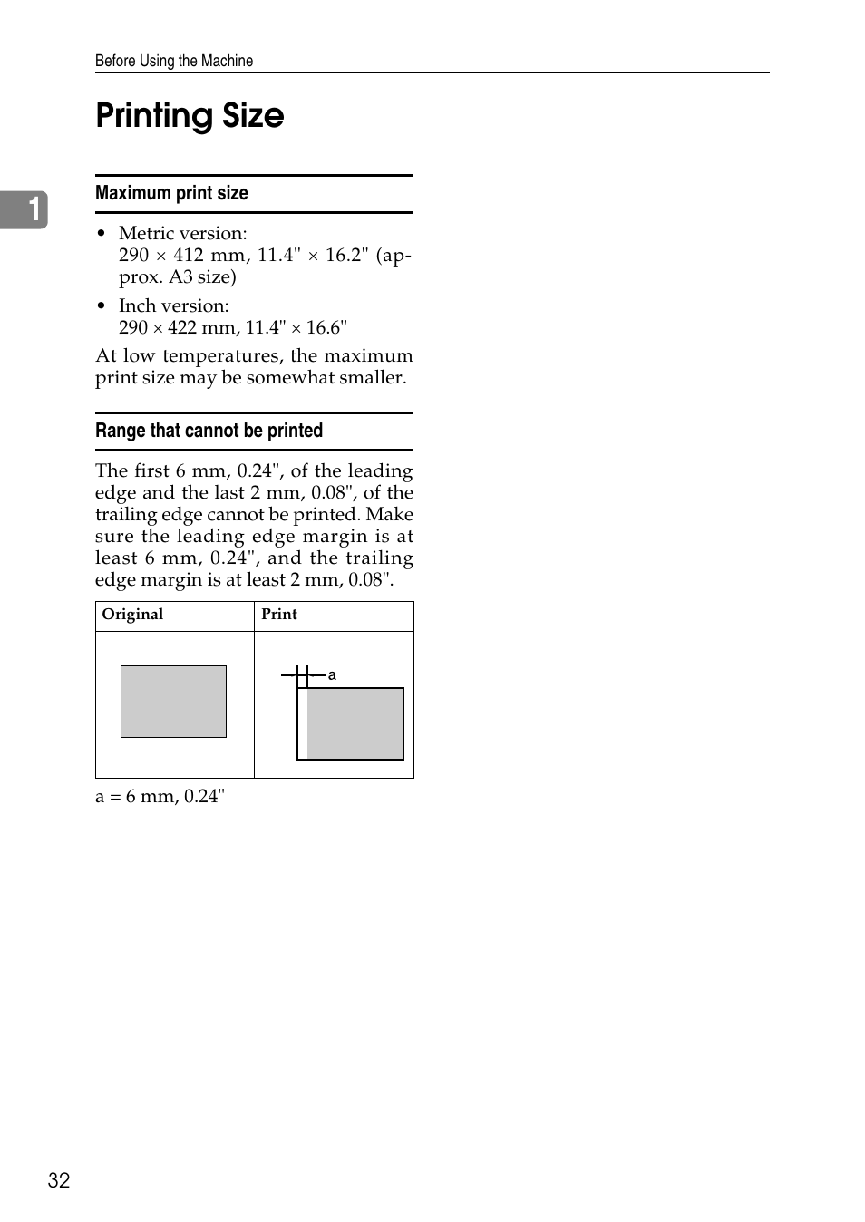 Printing size, Maximum print size, Range that cannot be printed | 1printing size | Ricoh LDD280 User Manual | Page 44 / 204