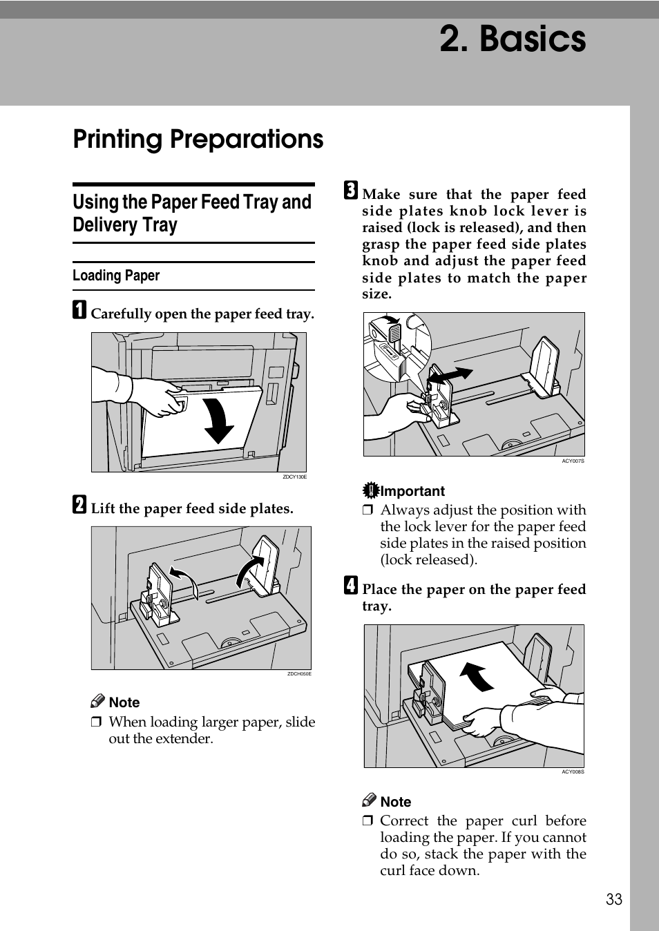  basics, Printing preparations, Using the paper feed tray and delivery tray | Loading paper, Basics | Ricoh LDD280 User Manual | Page 45 / 204