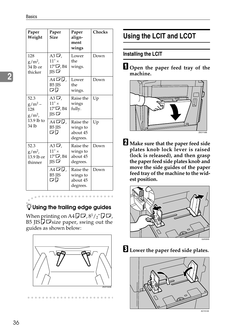 Using the lcit and lcot, Installing the lcit, Using the trailing edge guides | Ricoh LDD280 User Manual | Page 48 / 204