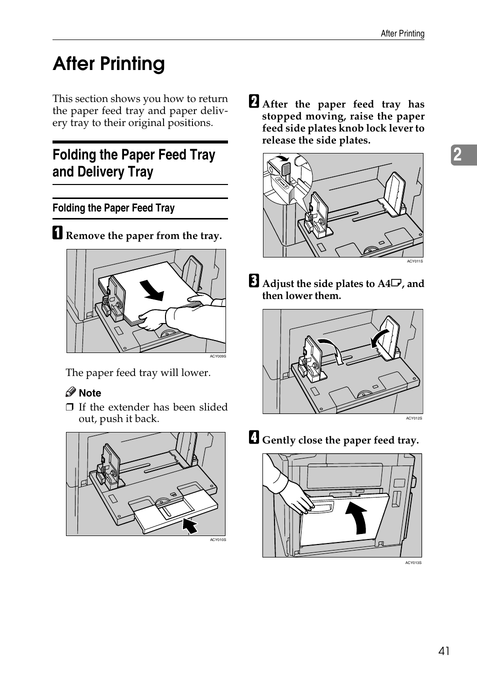 After printing, Folding the paper feed tray and delivery tray, Folding the paper feed tray | 2after printing | Ricoh LDD280 User Manual | Page 53 / 204