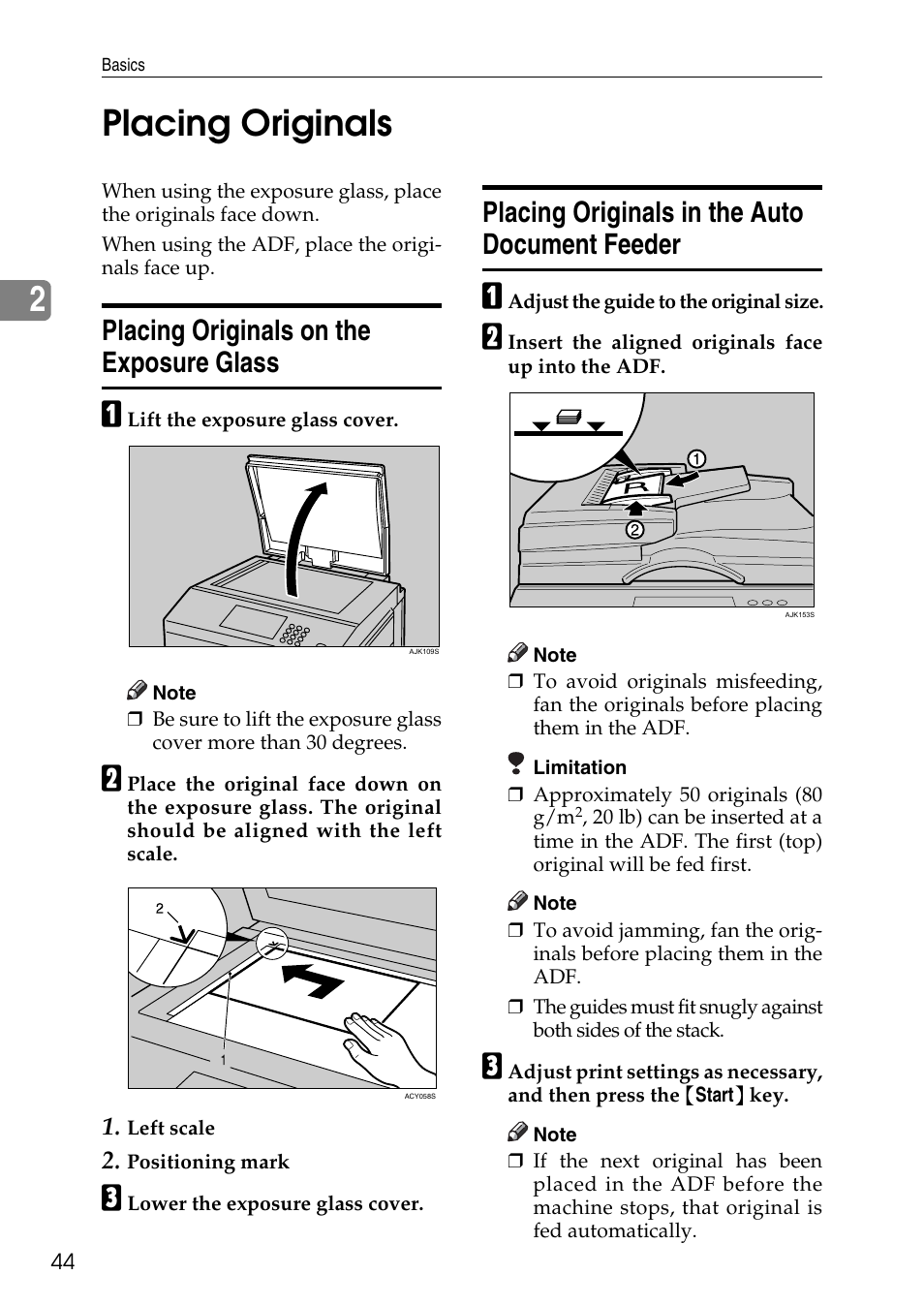 Placing originals, Placing originals on the exposure glass, Placing originals in the auto document feeder | 2placing originals | Ricoh LDD280 User Manual | Page 56 / 204