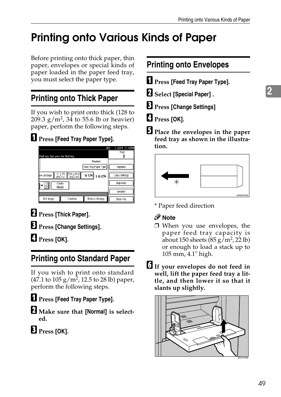 Printing onto various kinds of paper, Printing onto thick paper, Printing onto standard paper | Printing onto envelopes, See p.49 “printing onto various kinds of paper, 2printing onto various kinds of paper | Ricoh LDD280 User Manual | Page 61 / 204