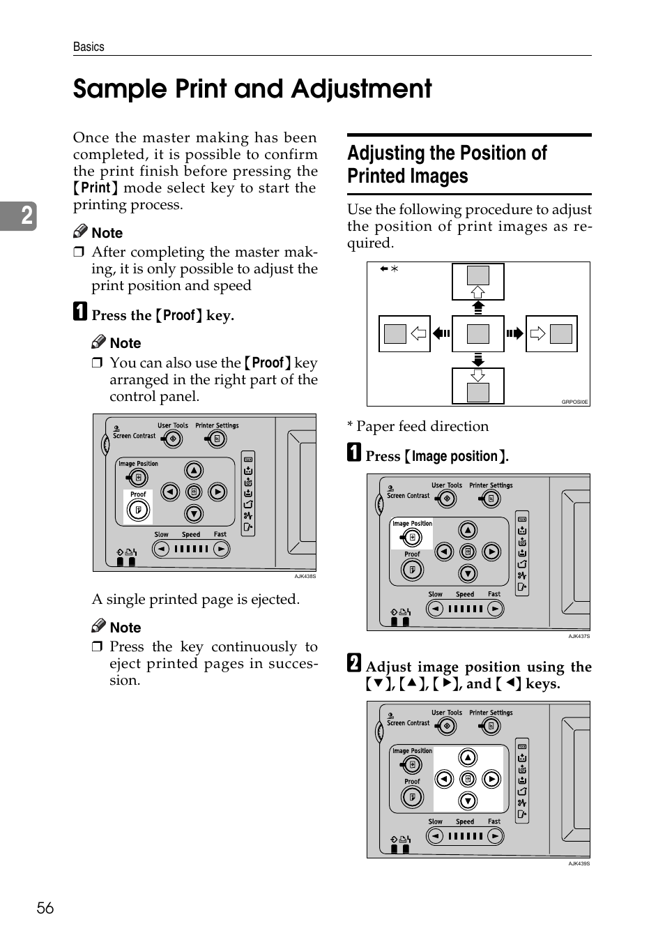 Sample print and adjustment, Adjusting the position of printed images, Ee p.56 “adjusting the position of printed images | 2sample print and adjustment | Ricoh LDD280 User Manual | Page 68 / 204