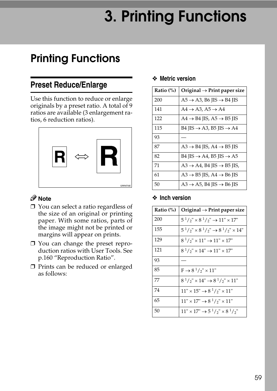  printing functions, Printing functions, Preset reduce/enlarge | P.59 “preset reduce/enlarge, Metric version ❖ inch version | Ricoh LDD280 User Manual | Page 71 / 204