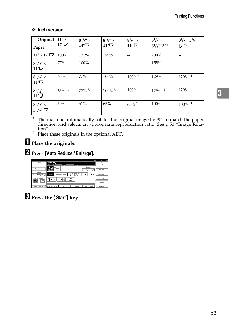 Inch version, Place the originals, Press [auto reduce / enlarge | Press the { start } key | Ricoh LDD280 User Manual | Page 75 / 204
