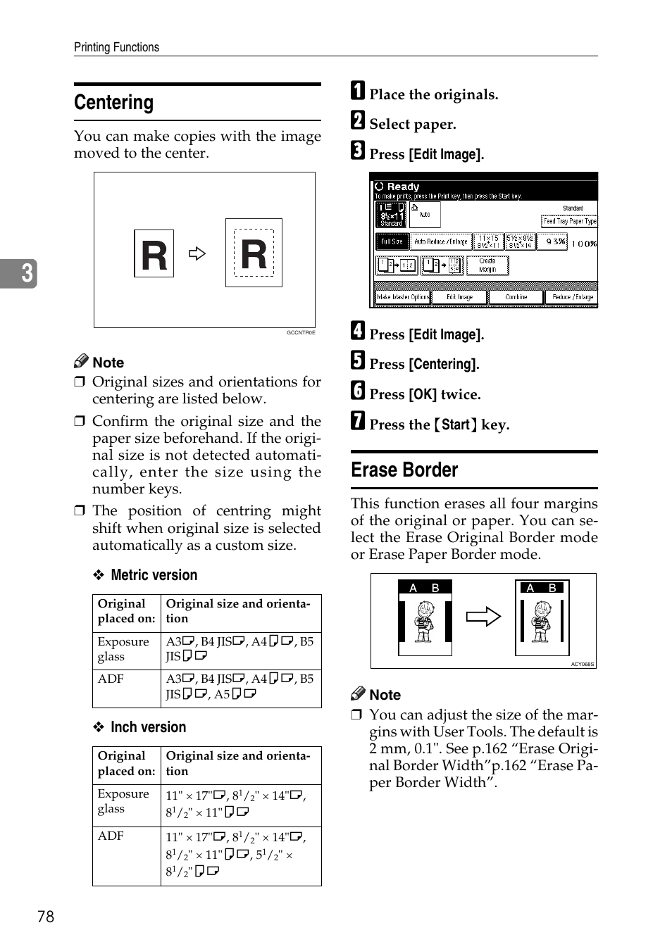 Centering, Erase border, P.78 “centering | See p.78 “erase border, Centering erase border | Ricoh LDD280 User Manual | Page 90 / 204