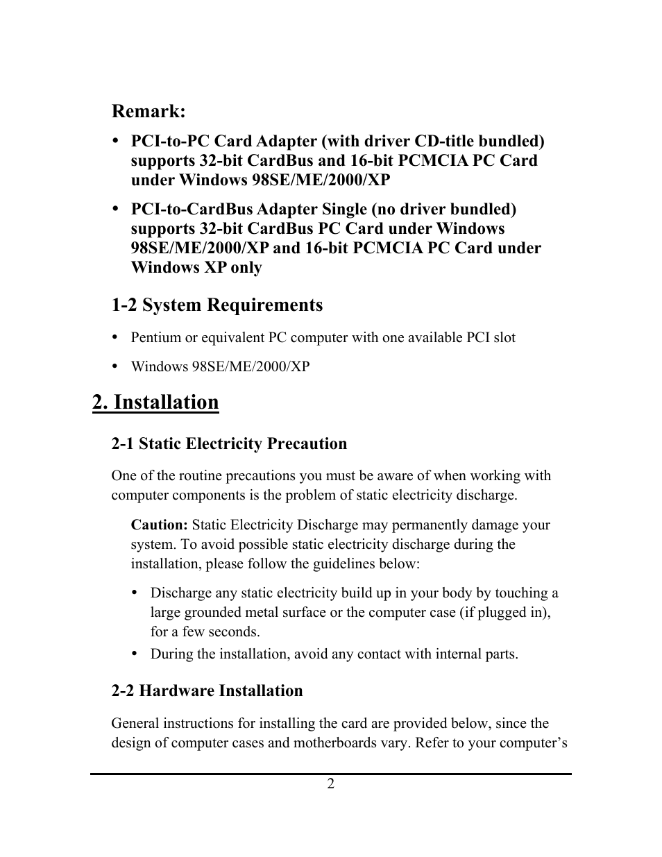 Installation, Remark, 2 system requirements | Ricoh PCI-to-PC Card Adapter User Manual | Page 2 / 4