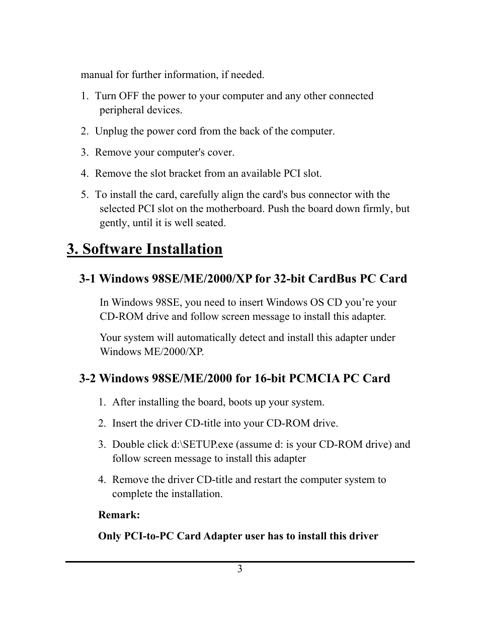 Software installation | Ricoh PCI-to-PC Card Adapter User Manual | Page 3 / 4