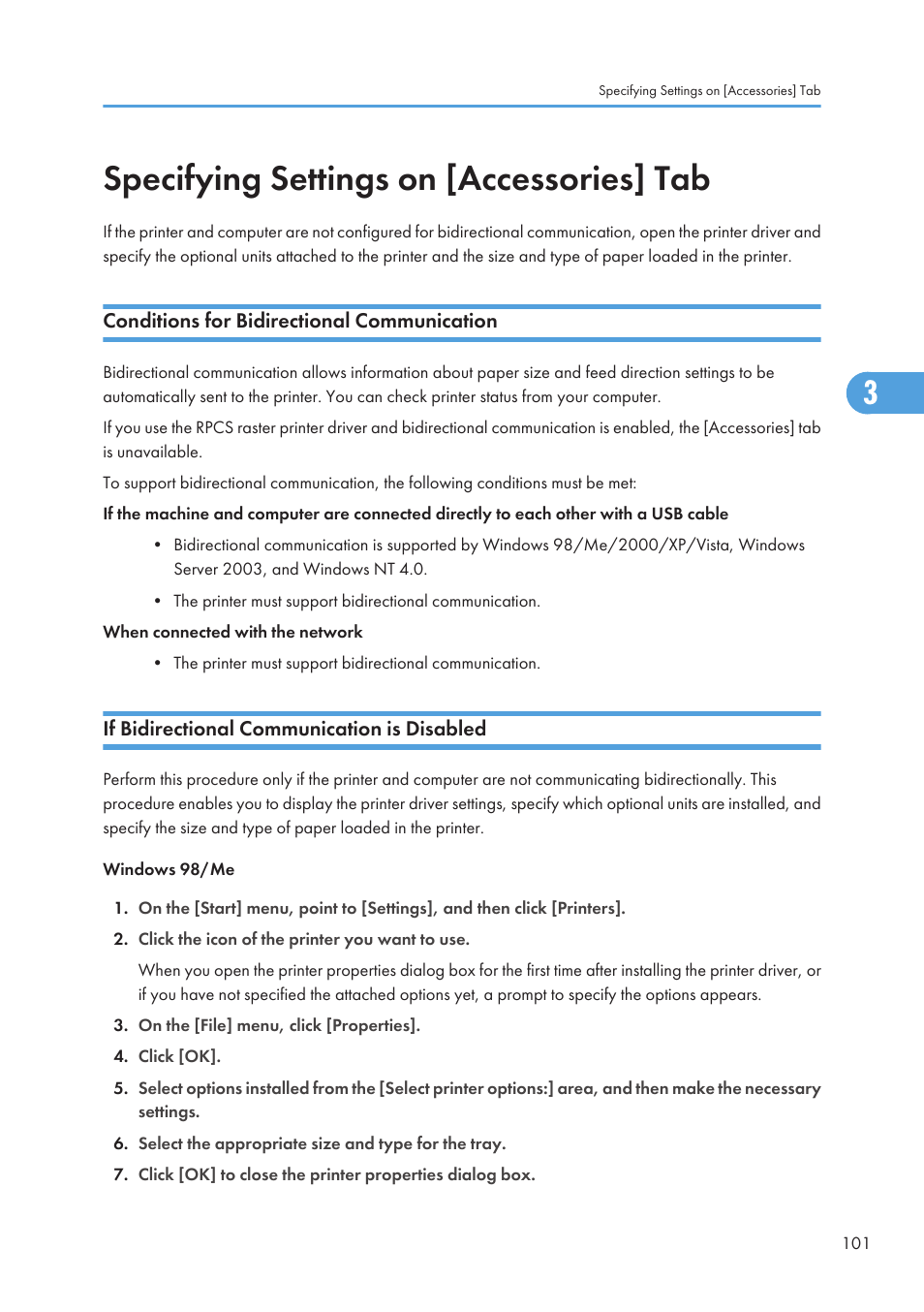 Specifying settings on [accessories] tab, Conditions for bidirectional communication, If bidirectional communication is disabled | Ricoh Aficio GX7000 User Manual | Page 103 / 272