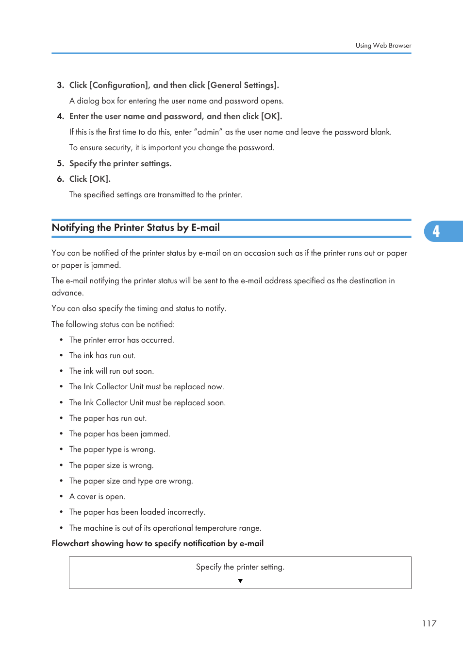 Notifying the printer status by e-mail | Ricoh Aficio GX7000 User Manual | Page 119 / 272