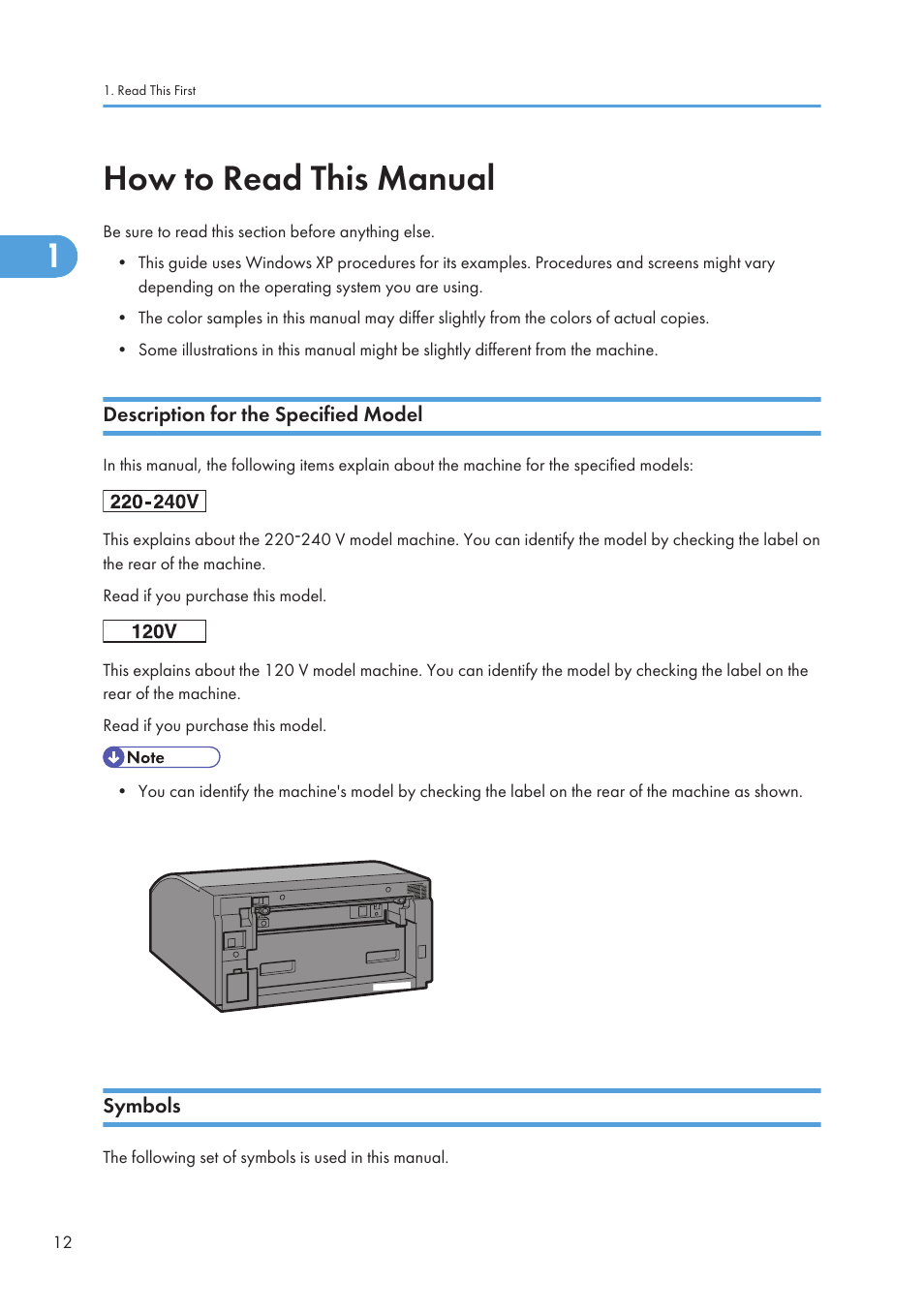 How to read this manual, Description for the specified model, Symbols | 12 symbols | Ricoh Aficio GX7000 User Manual | Page 14 / 272