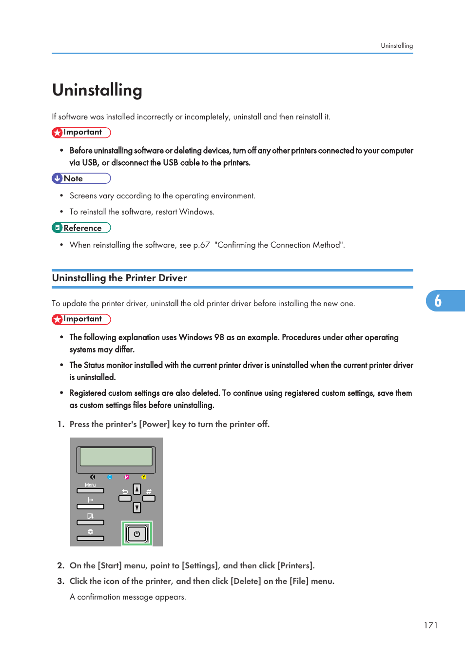 Uninstalling, Uninstalling the printer driver | Ricoh Aficio GX7000 User Manual | Page 173 / 272