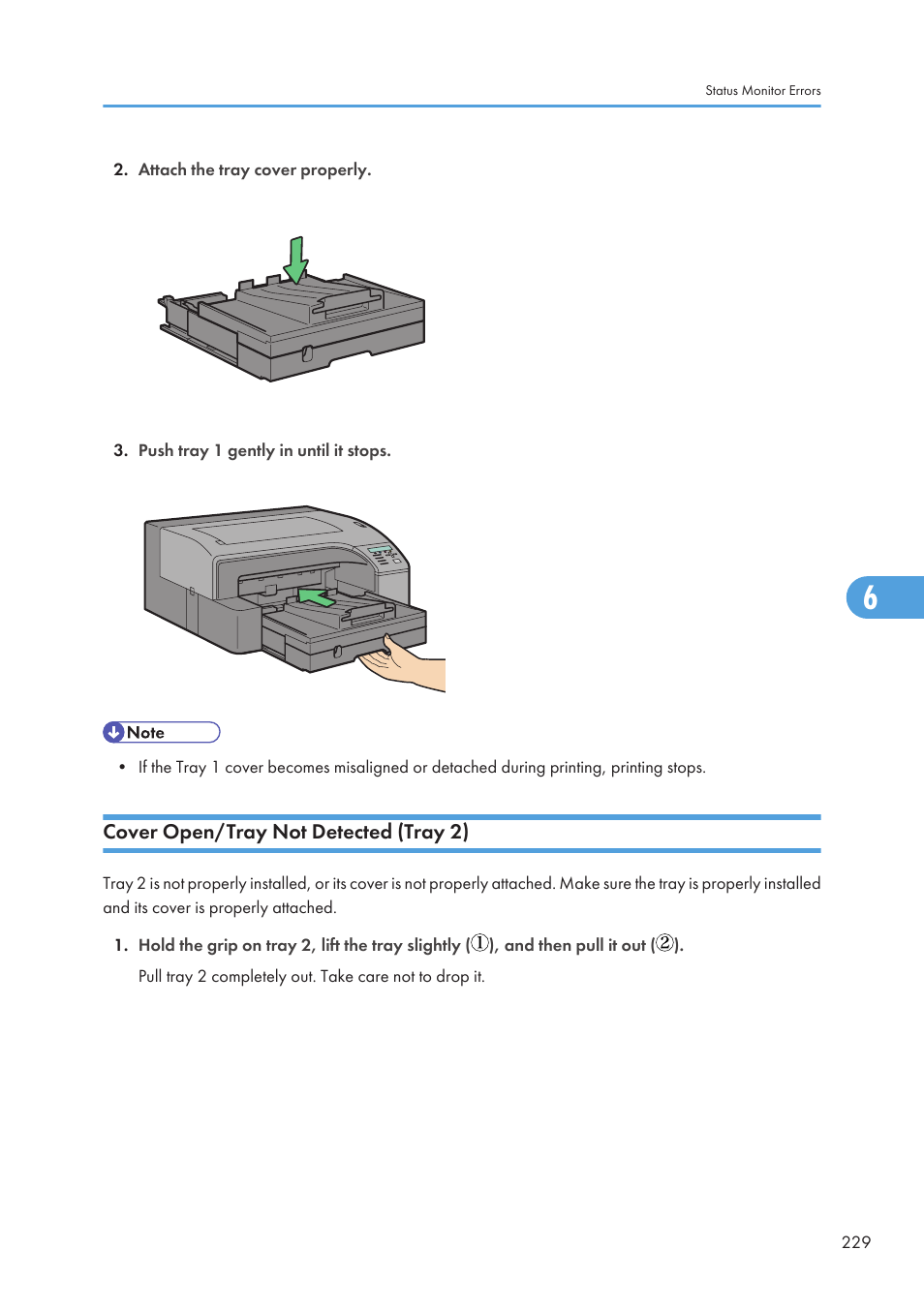 Cover open/tray not detected (tray 2), See p.229 "cover open/tray not detected (tray 2) | Ricoh Aficio GX7000 User Manual | Page 231 / 272
