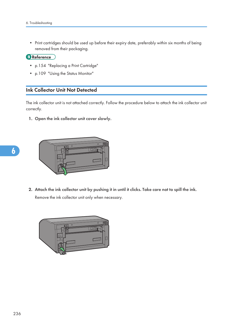 Ink collector unit not detected, See p.236 "ink collector unit not detected | Ricoh Aficio GX7000 User Manual | Page 238 / 272