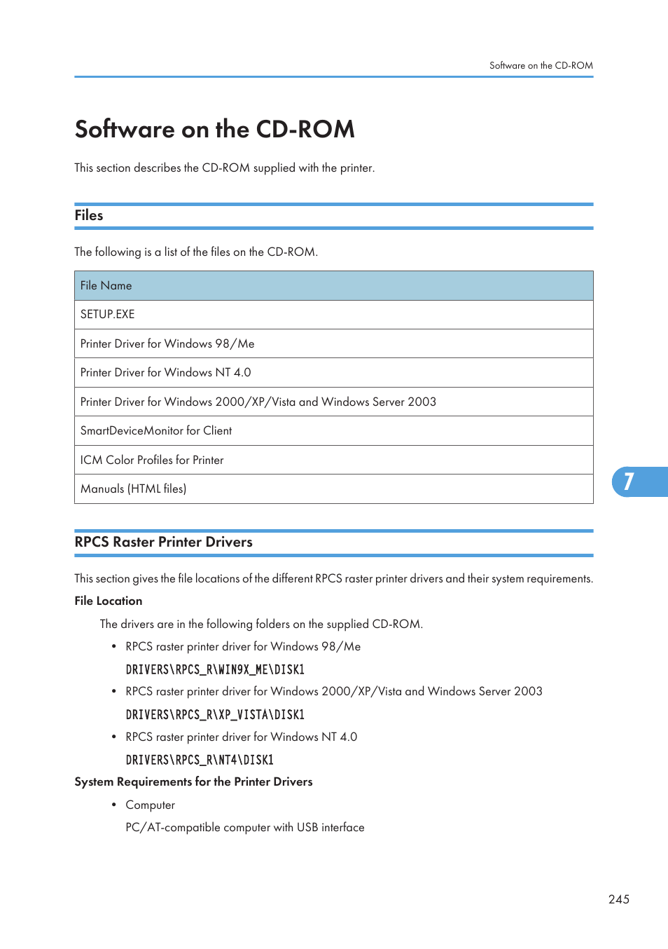 Software on the cd-rom, Files, Rpcs raster printer drivers | Files rpcs raster printer drivers | Ricoh Aficio GX7000 User Manual | Page 247 / 272