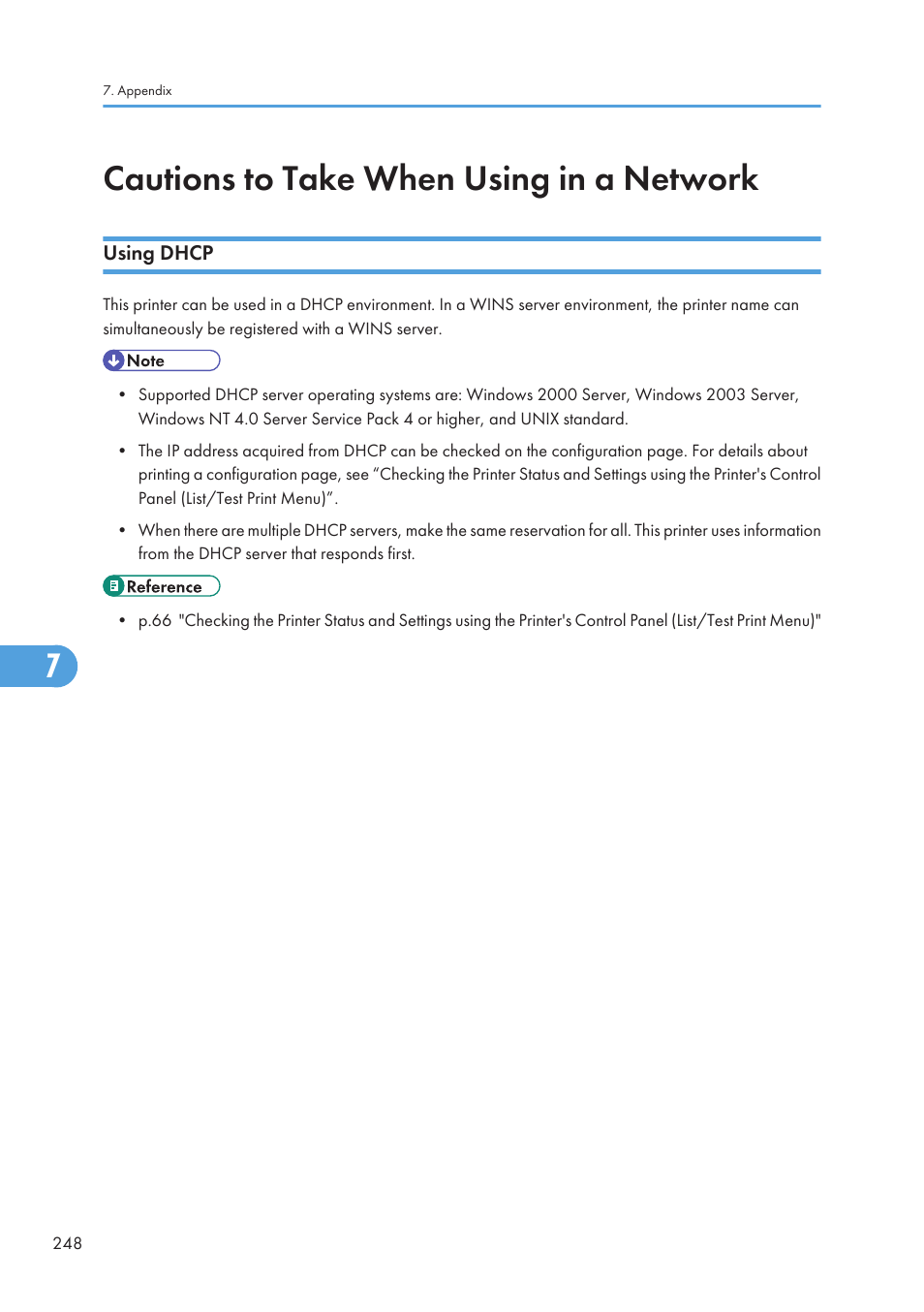 Cautions to take when using in a network, Using dhcp | Ricoh Aficio GX7000 User Manual | Page 250 / 272