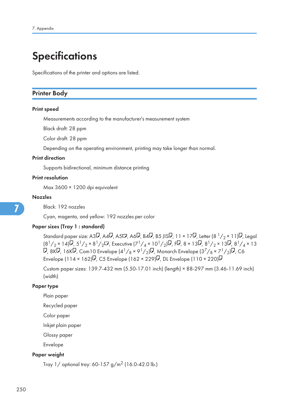 Specifications, Printer body | Ricoh Aficio GX7000 User Manual | Page 252 / 272