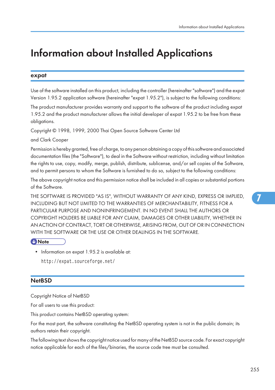 Information about installed applications, Expat, Netbsd | Expat netbsd | Ricoh Aficio GX7000 User Manual | Page 257 / 272