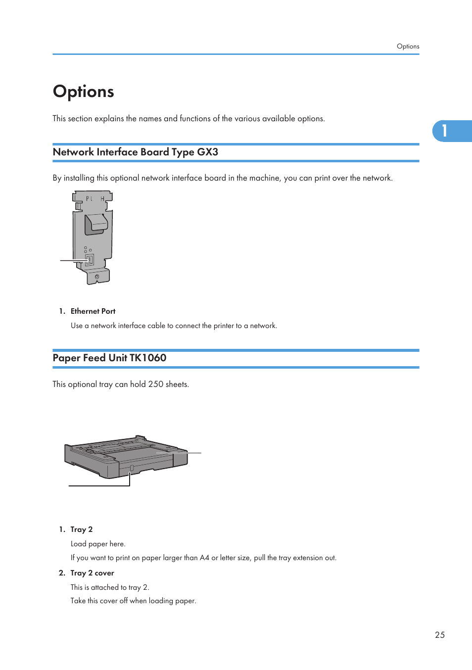 Options, Network interface board type gx3, Paper feed unit tk1060 | 25 paper feed unit tk1060 | Ricoh Aficio GX7000 User Manual | Page 27 / 272