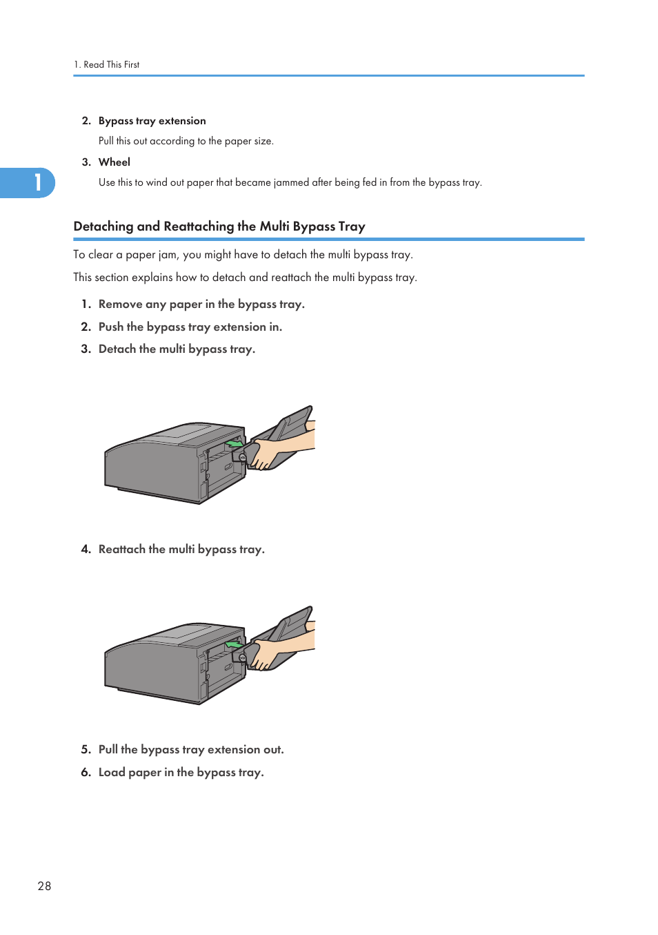 Detaching and reattaching the multi bypass tray | Ricoh Aficio GX7000 User Manual | Page 30 / 272