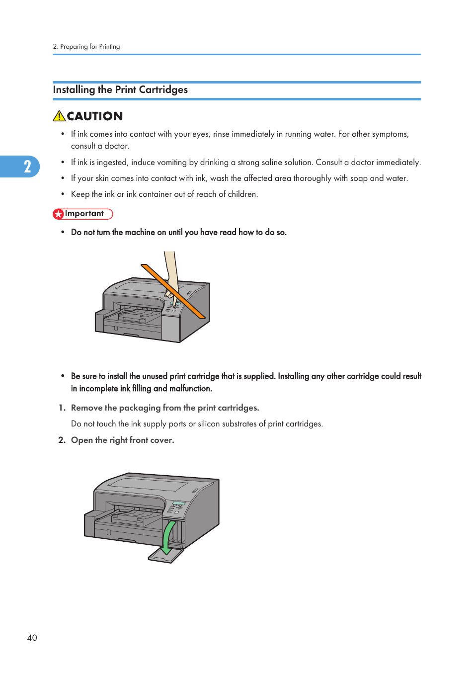 Installing the print cartridges | Ricoh Aficio GX7000 User Manual | Page 42 / 272