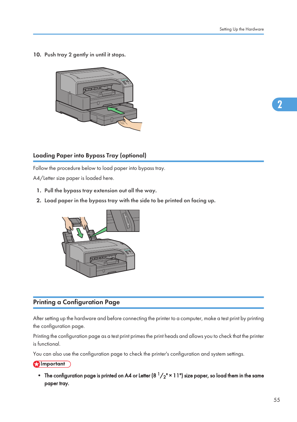 Loading paper into bypass tray (optional), Printing a configuration page | Ricoh Aficio GX7000 User Manual | Page 57 / 272