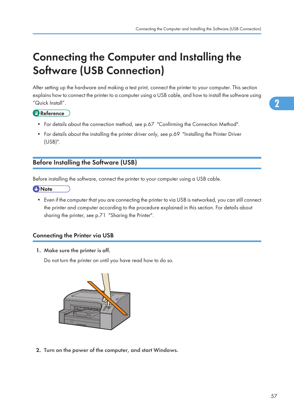 Before installing the software (usb), Connecting the printer via usb | Ricoh Aficio GX7000 User Manual | Page 59 / 272