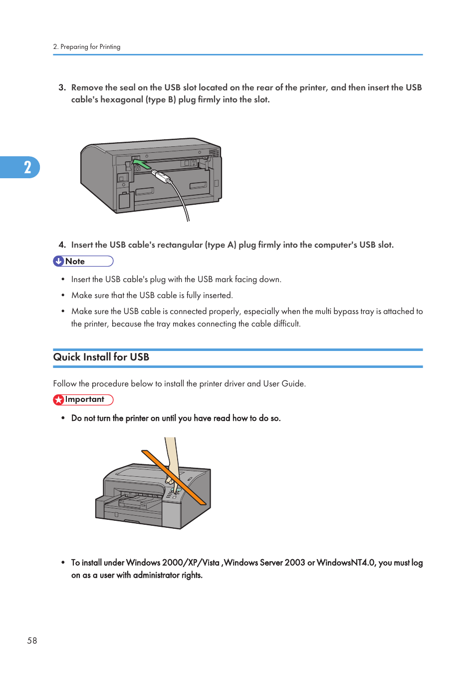 Quick install for usb | Ricoh Aficio GX7000 User Manual | Page 60 / 272