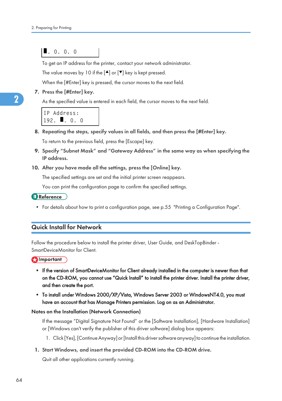 Quick install for network | Ricoh Aficio GX7000 User Manual | Page 66 / 272
