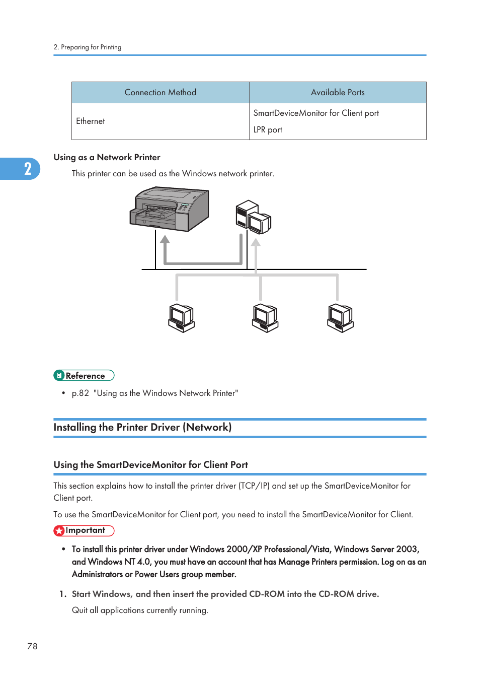 Installing the printer driver (network), Using the smartdevicemonitor for client port, P.78 "using the smartdevicemonitor for client port | Ricoh Aficio GX7000 User Manual | Page 80 / 272