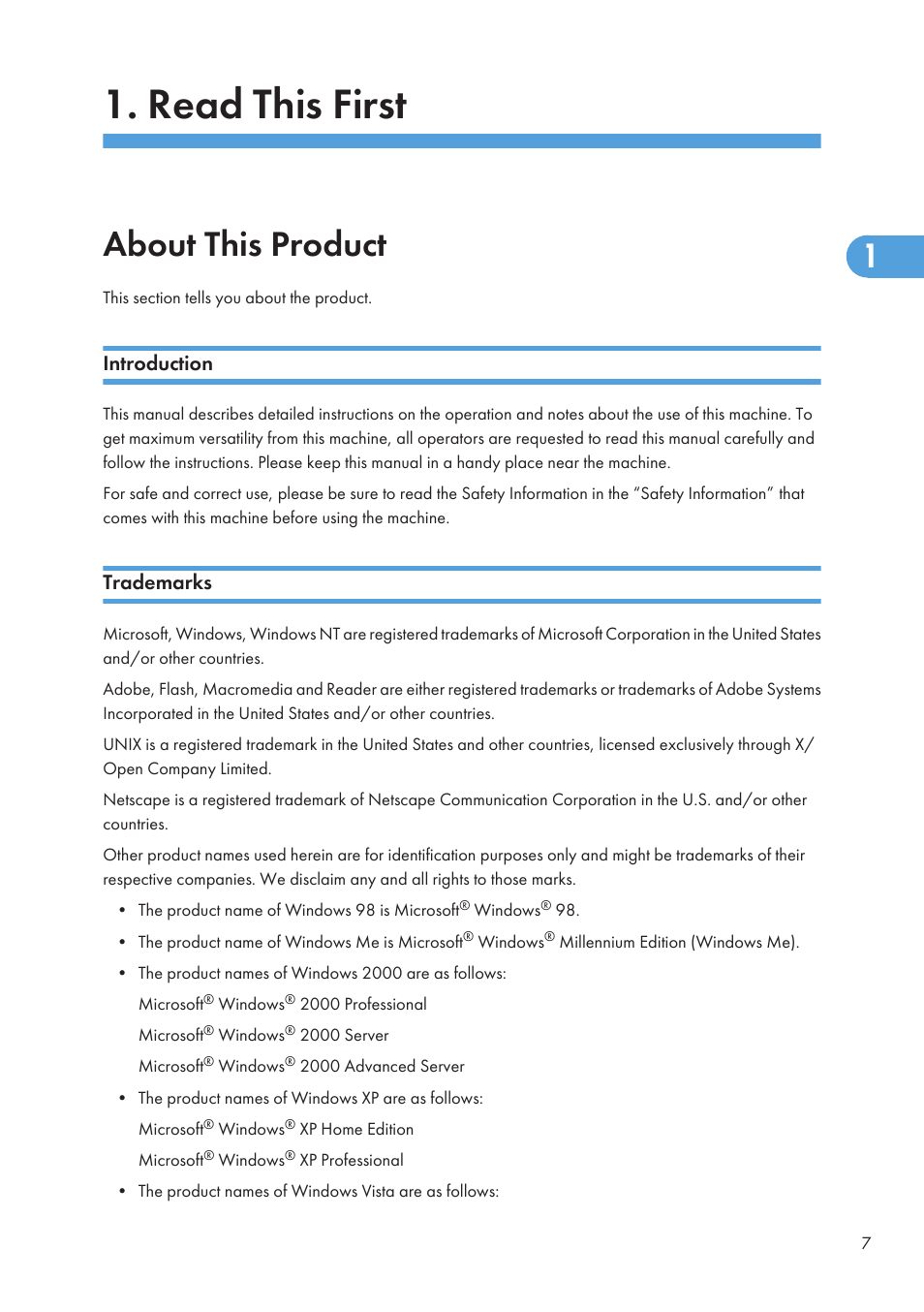 Read this first, About this product, Introduction | Trademarks, Introduction trademarks | Ricoh Aficio GX7000 User Manual | Page 9 / 272