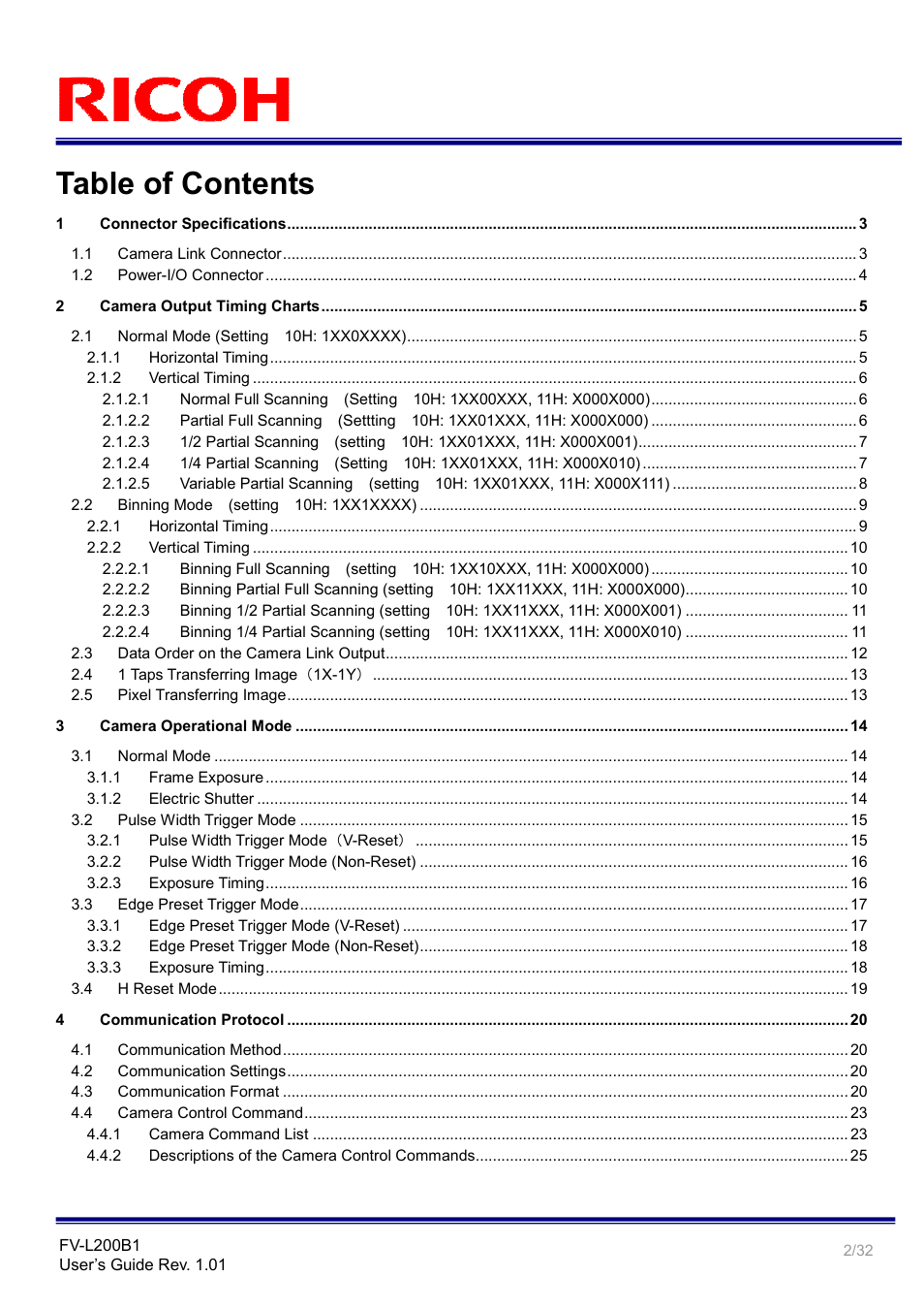Ricoh Small Cubic Type UXGA CCD Monochrome PoCL Camera Link Camera FV-L200B1 User Manual | Page 2 / 32