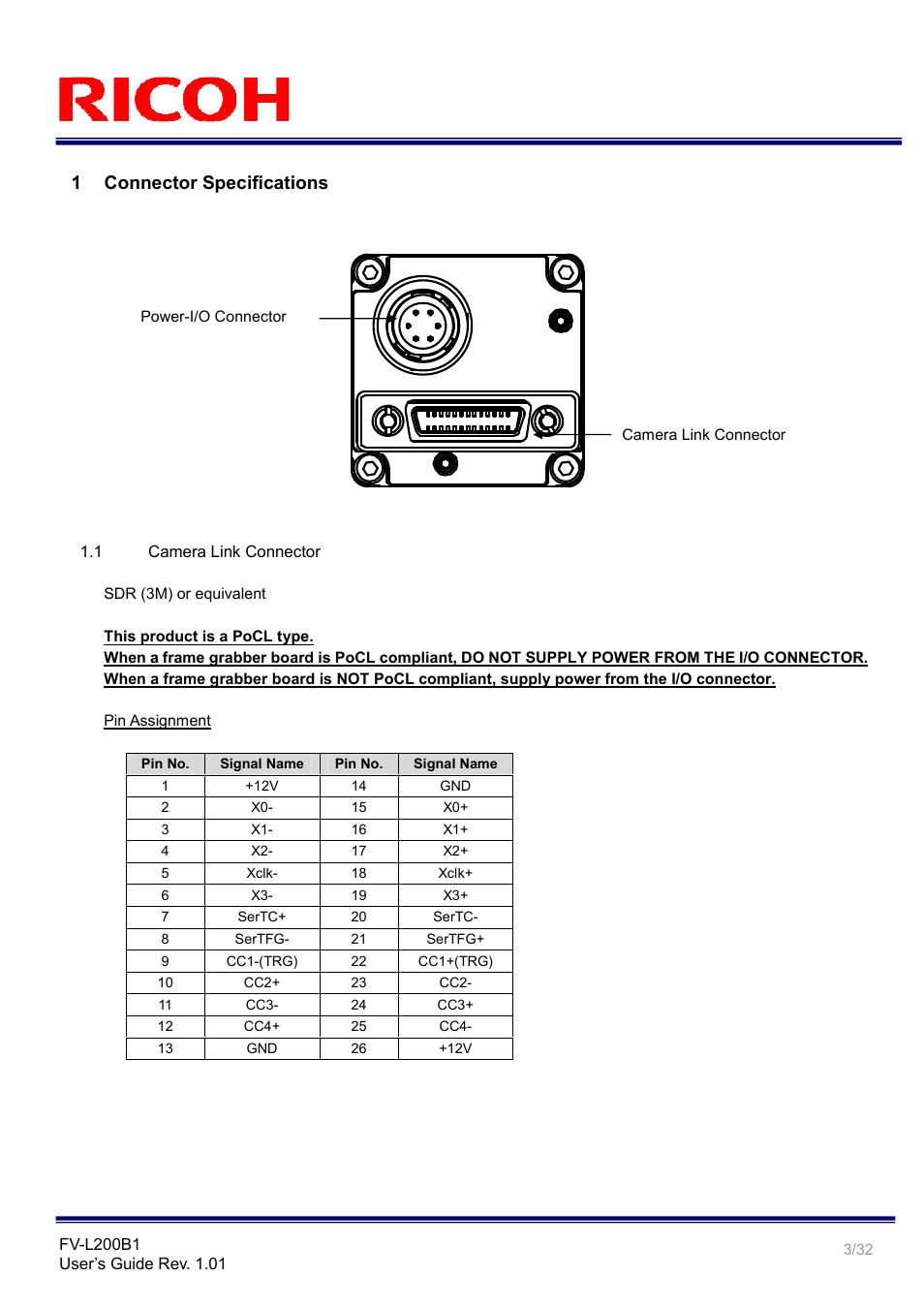 1 connector specifications | Ricoh Small Cubic Type UXGA CCD Monochrome PoCL Camera Link Camera FV-L200B1 User Manual | Page 3 / 32