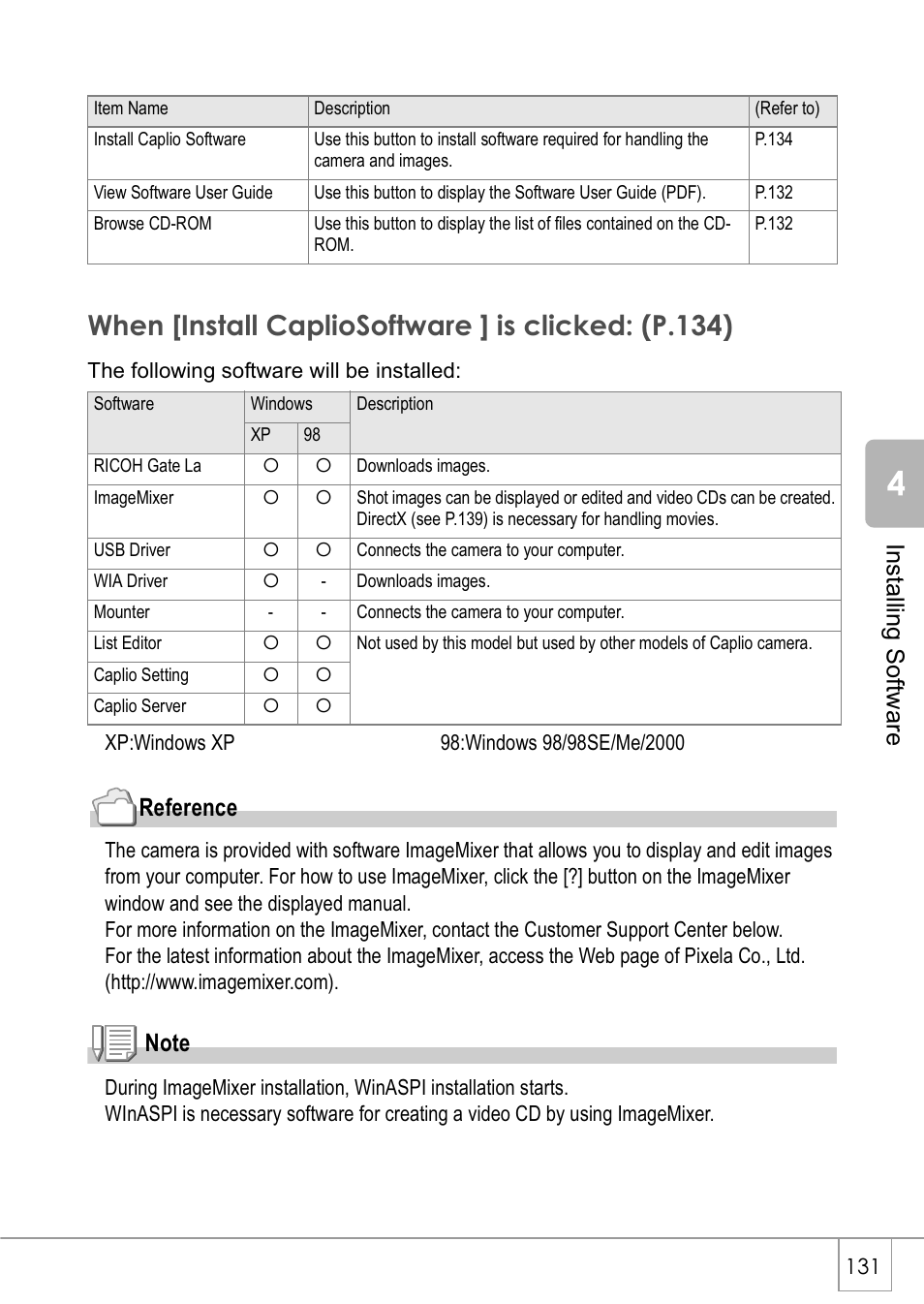 When [install capliosoftware ] is clicked: (p.134), Reference | Ricoh Caplio GX8 User Manual | Page 134 / 180