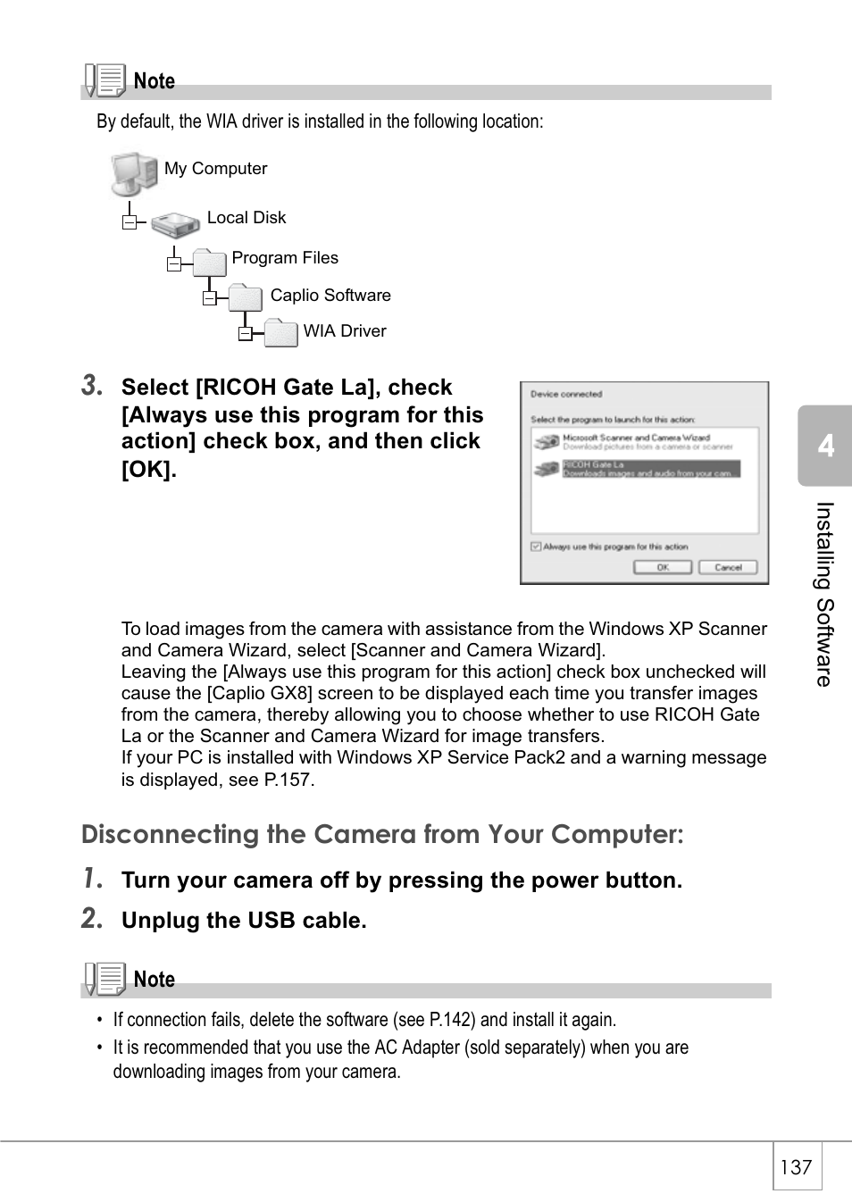 Disconnecting the camera from your computer | Ricoh Caplio GX8 User Manual | Page 140 / 180