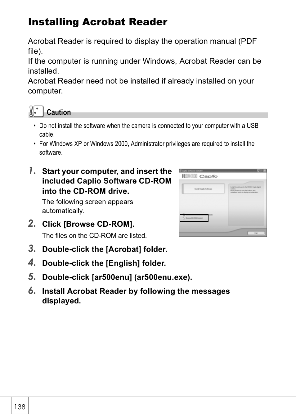 Installing acrobat reader | Ricoh Caplio GX8 User Manual | Page 141 / 180